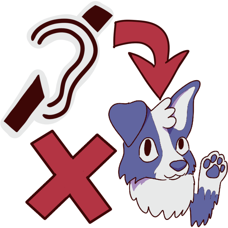 image of a red arrow pointing from a crossed out ear to a blue dog with a red x next to it